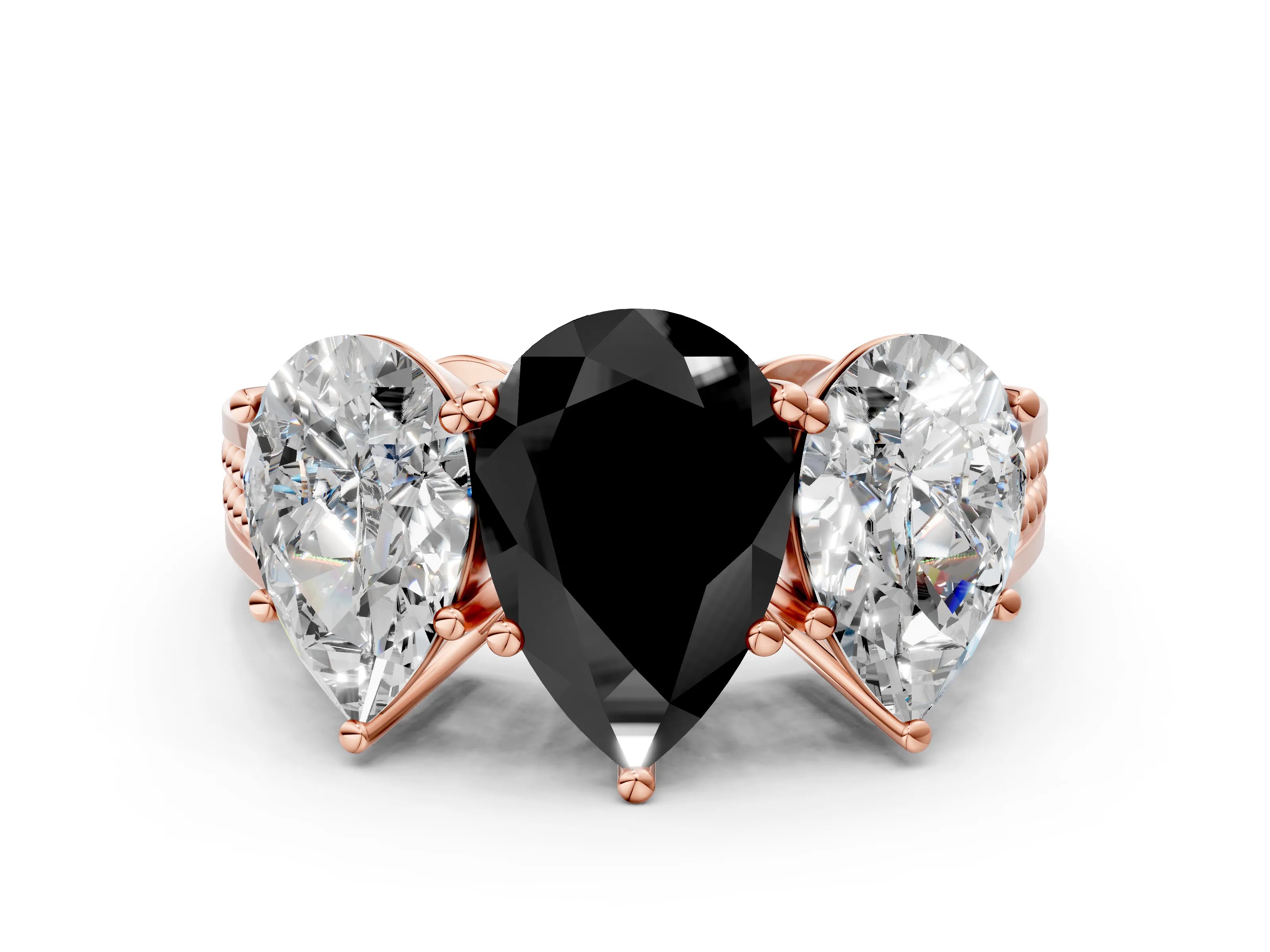 Rose gold Fancy Black Pear Cut Diamond Three-Stone Ring with Prong Setting and Textured Band
