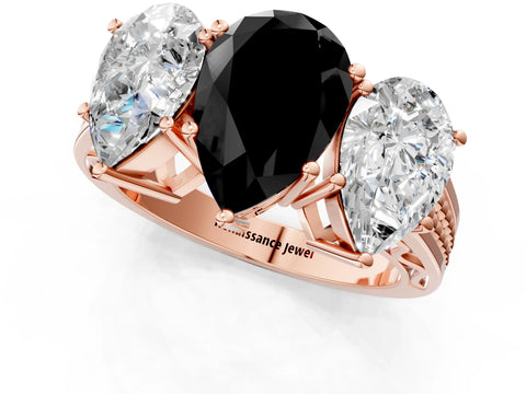 Rose gold Fancy Black Pear Cut Diamond Three-Stone Ring with Prong Setting and Textured Band_1