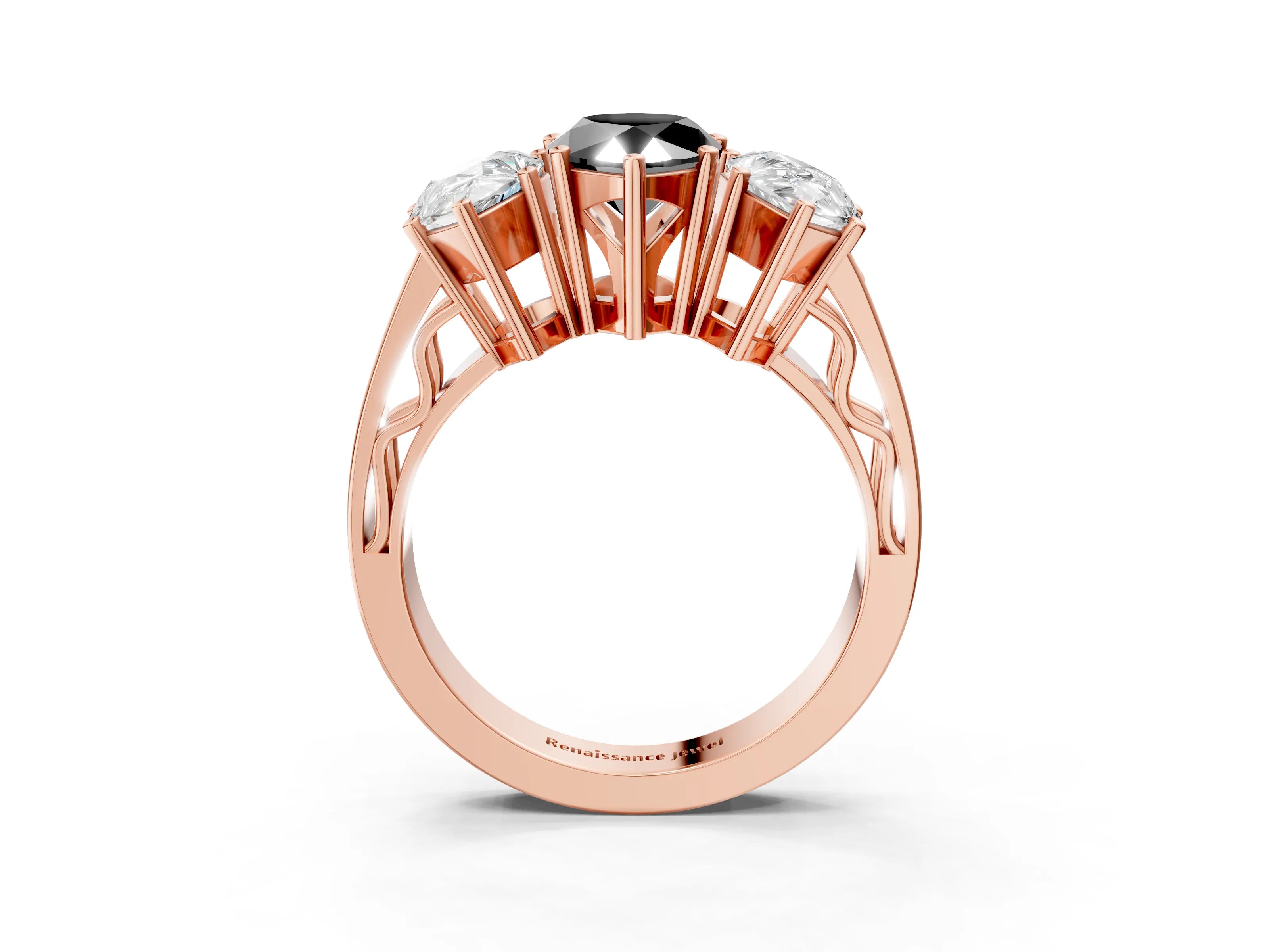 Rose gold Fancy Black Pear Cut Diamond Three-Stone Ring with Prong Setting and Textured Band_3