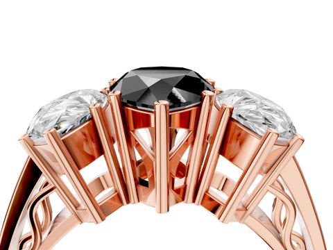 Rose gold Fancy Black Pear Cut Diamond Three-Stone Ring with Prong Setting and Textured Band_4