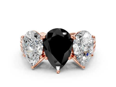 Rose gold Fancy Black Pear Cut Diamond Three-Stone Ring with Prong Setting and Textured Band