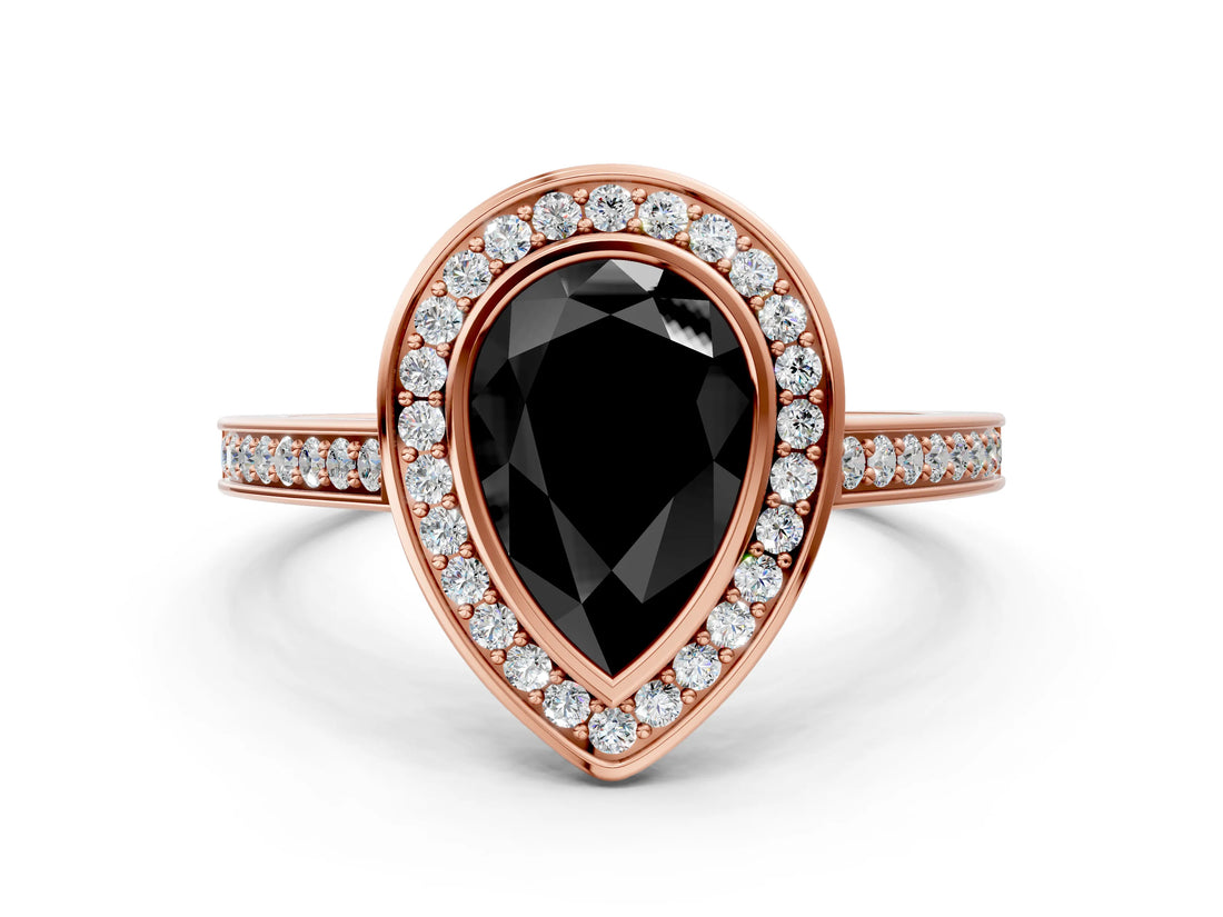Rose gold Fancy Black Pear Cut Halo Bezel Diamond Pave Band Ring