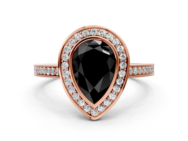 Rose gold Fancy Black Pear Cut Halo Bezel Diamond Pave Band Ring