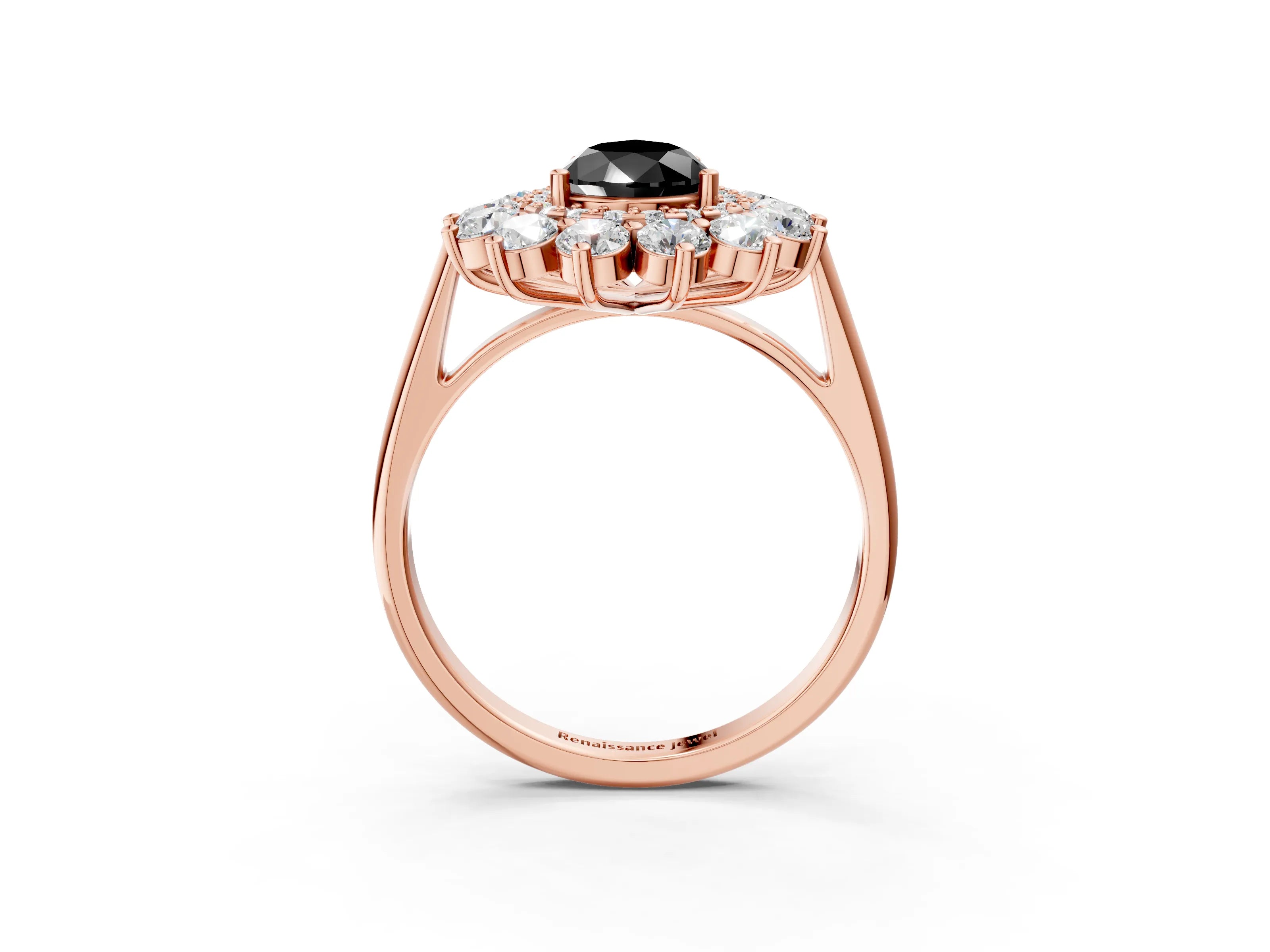 Rose gold Fancy Black Pear Cut Halo Cluster Diamond Ring with Pave Band and Four-Prong Setting_3
