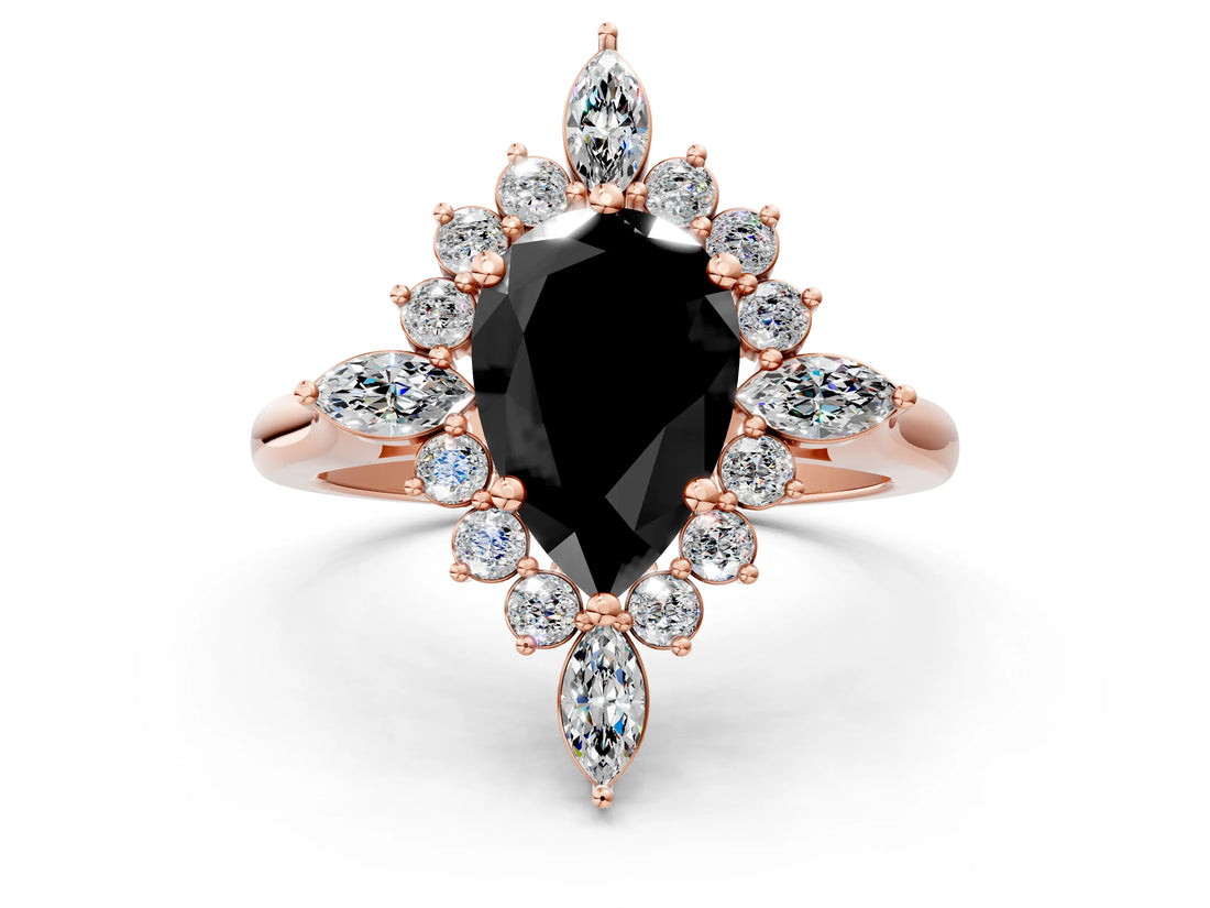 Rose gold Fancy Black Pear Cut Halo Diamond Cluster Ring with Marquise and Round Stones on a White Gold Band with Prong Setting
