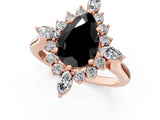 Rose gold Fancy Black Pear Cut Halo Diamond Cluster Ring with Marquise and Round Stones on a White Gold Band with Prong Setting_1