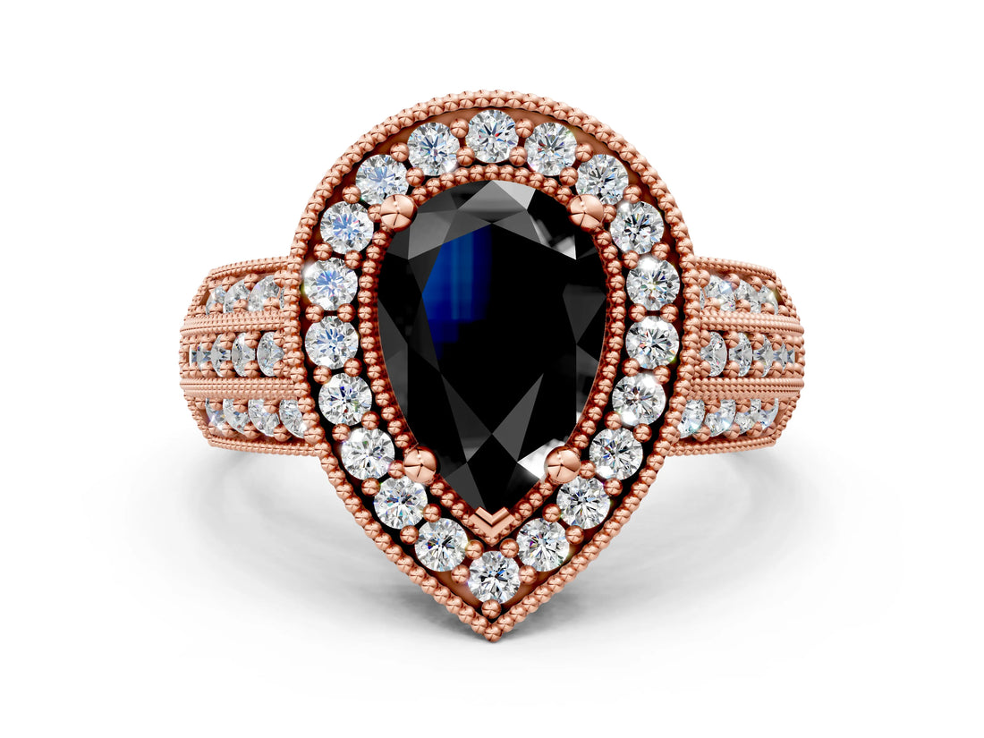 Rose gold Fancy Black Pear Cut Halo Diamond Engagement Ring with Pave Split Shank and Four-Prong Setting