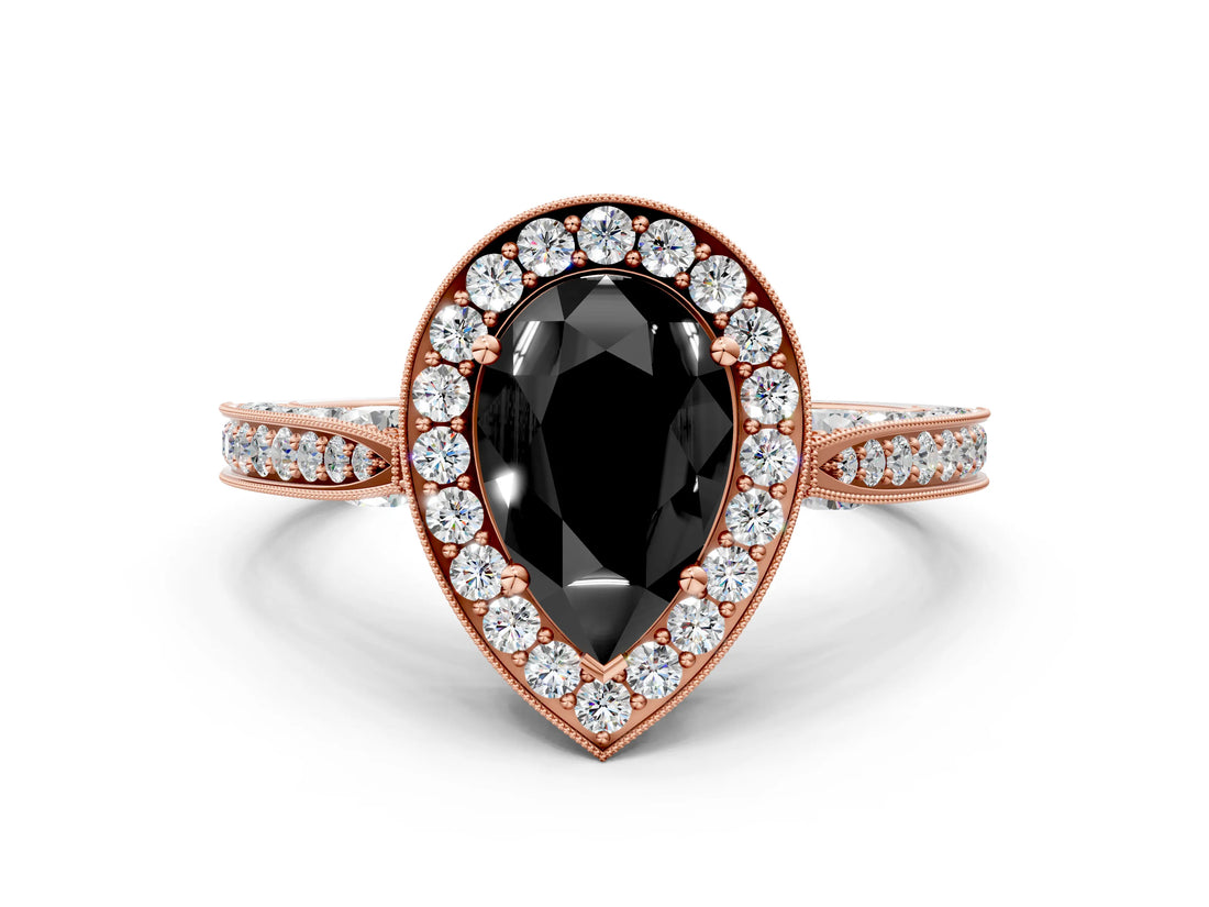 Rose gold Fancy Black Pear Cut Halo Diamond Engagement Ring with Split Shank Band and Four-Prong Setting
