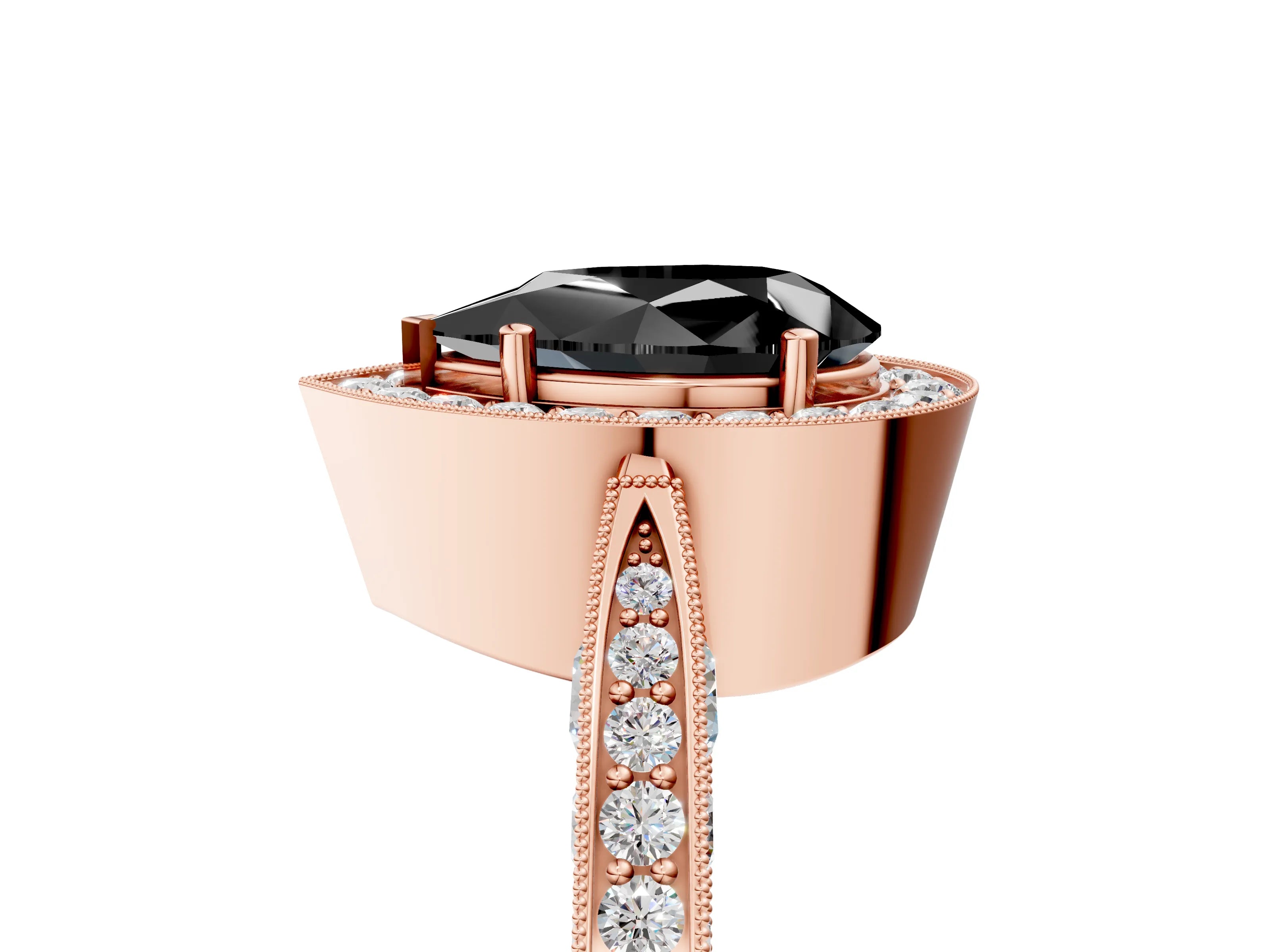 Rose gold Fancy Black Pear Cut Halo Diamond Engagement Ring with Split Shank Band and Four-Prong Setting_5