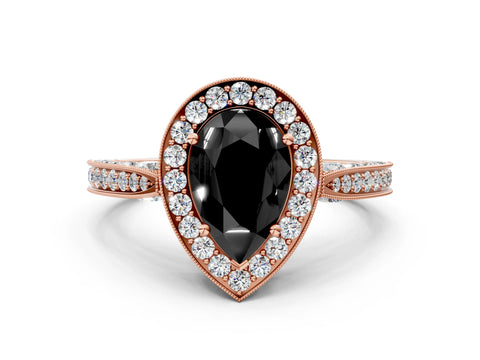 Rose gold Fancy Black Pear Cut Halo Diamond Engagement Ring with Split Shank Band and Four-Prong Setting