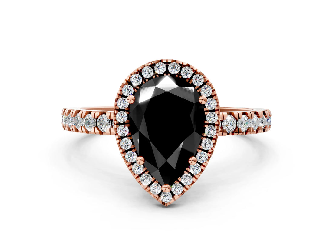 Rose gold Fancy Black Pear Cut Halo Diamond Pave Band with Prong Setting
