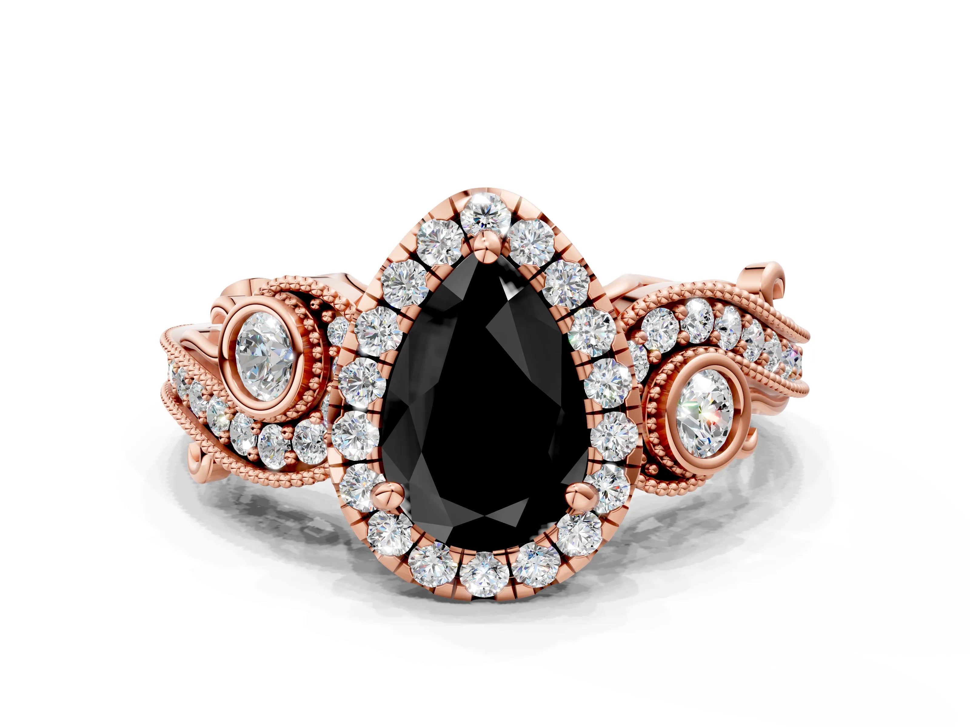 Rose gold Fancy Black Pear Cut Halo Diamond Ring with Milgrain and Bezel Accents on a Split Shank Band