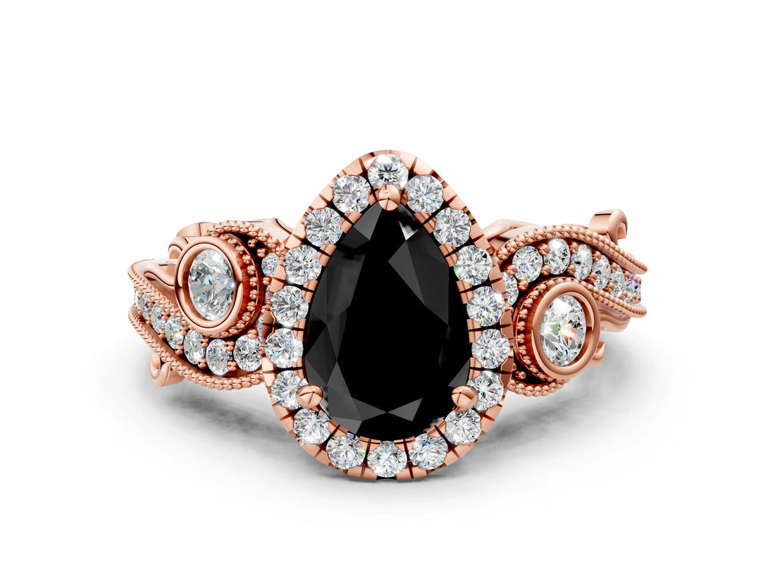 Rose gold Fancy Black Pear Cut Halo Diamond Ring with Milgrain and Bezel Accents on a Split Shank Band_12