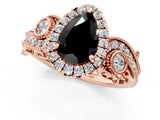 Rose gold Fancy Black Pear Cut Halo Diamond Ring with Milgrain and Bezel Accents on a Split Shank Band_13