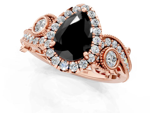 Rose gold Fancy Black Pear Cut Halo Diamond Ring with Milgrain and Bezel Accents on a Split Shank Band_1