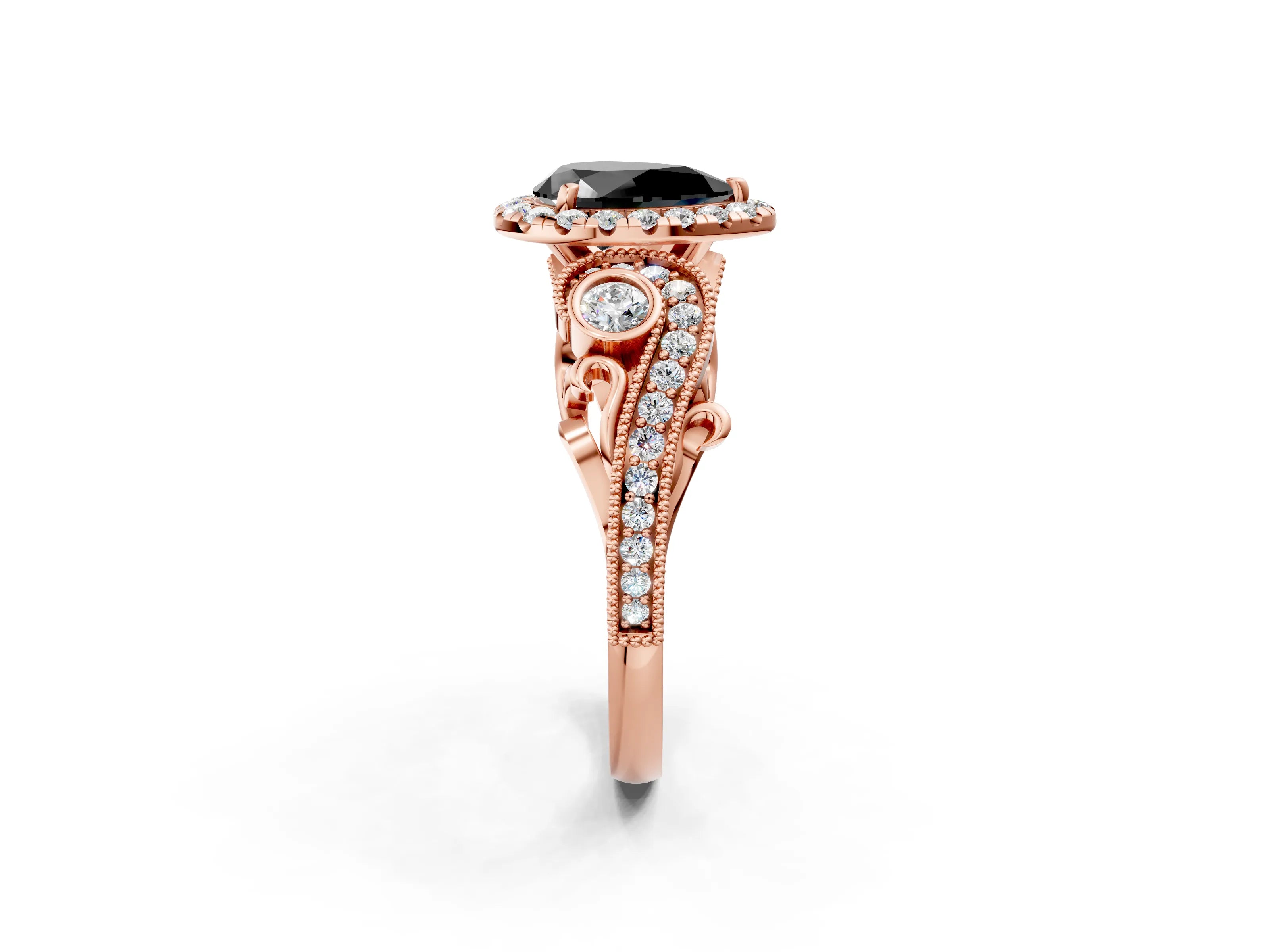 Rose gold Fancy Black Pear Cut Halo Diamond Ring with Milgrain and Bezel Accents on a Split Shank Band_2