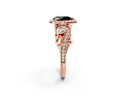 Rose gold Fancy Black Pear Cut Halo Diamond Ring with Milgrain and Bezel Accents on a Split Shank Band_2
