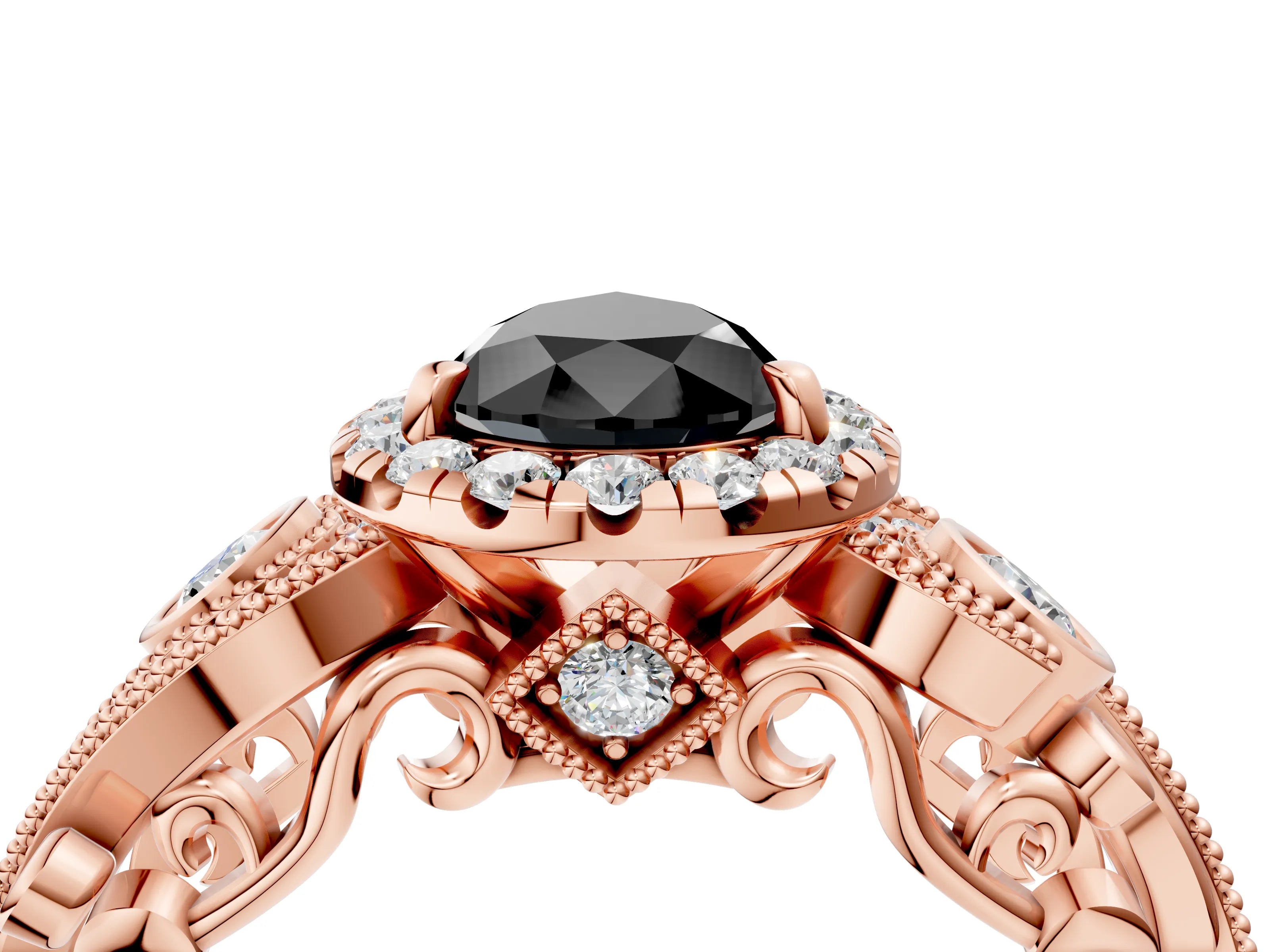 Rose gold Fancy Black Pear Cut Halo Diamond Ring with Milgrain and Bezel Accents on a Split Shank Band_4
