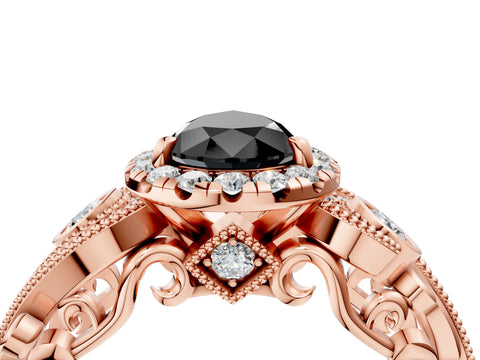 Rose gold Fancy Black Pear Cut Halo Diamond Ring with Milgrain and Bezel Accents on a Split Shank Band_4