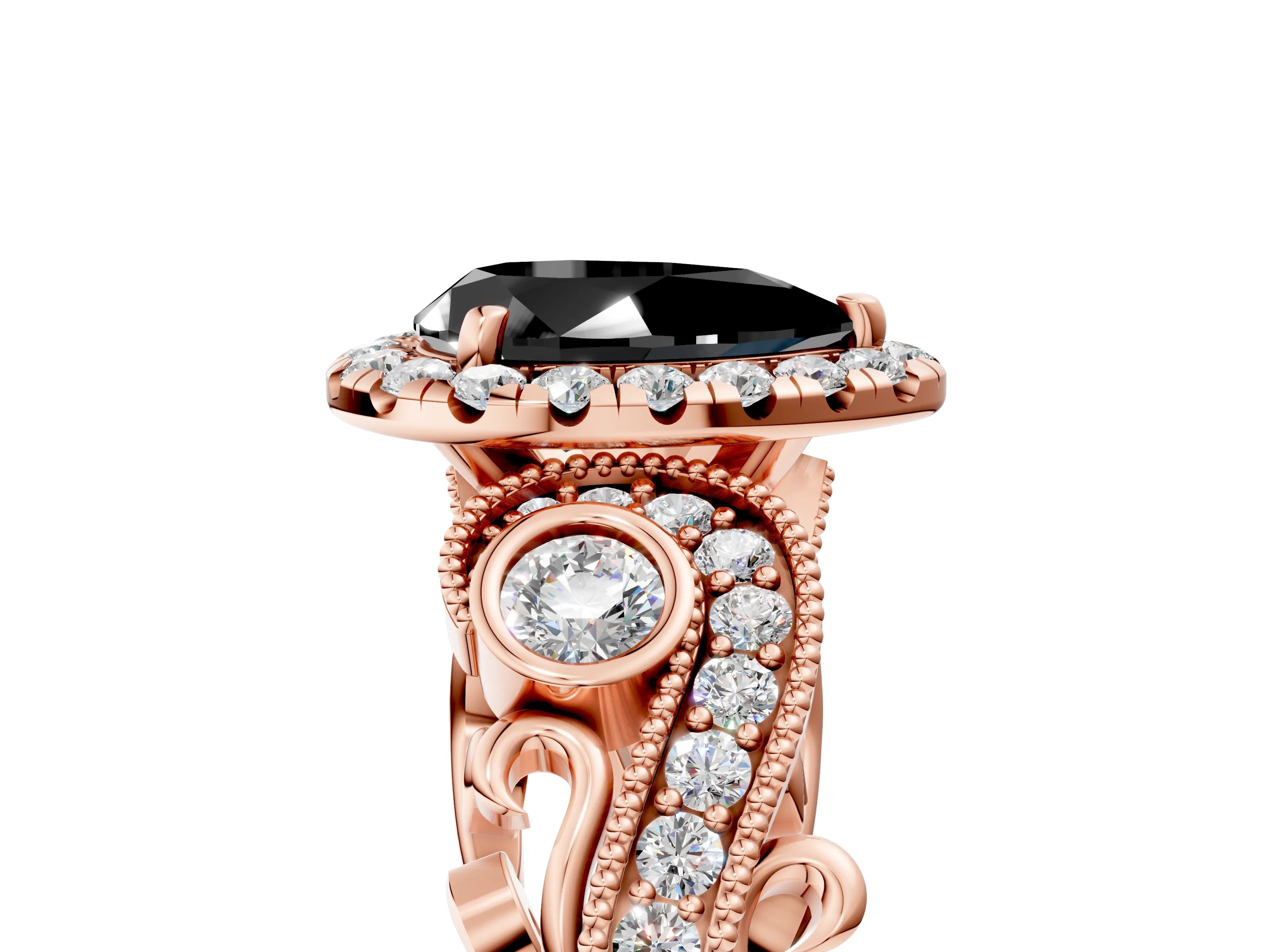 Rose gold Fancy Black Pear Cut Halo Diamond Ring with Milgrain and Bezel Accents on a Split Shank Band_5