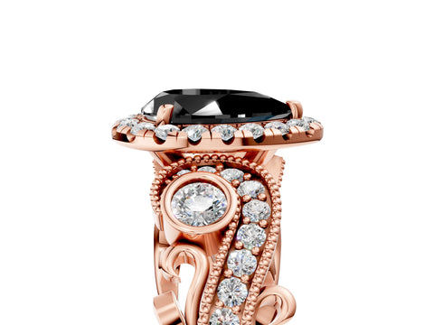 Rose gold Fancy Black Pear Cut Halo Diamond Ring with Milgrain and Bezel Accents on a Split Shank Band_5