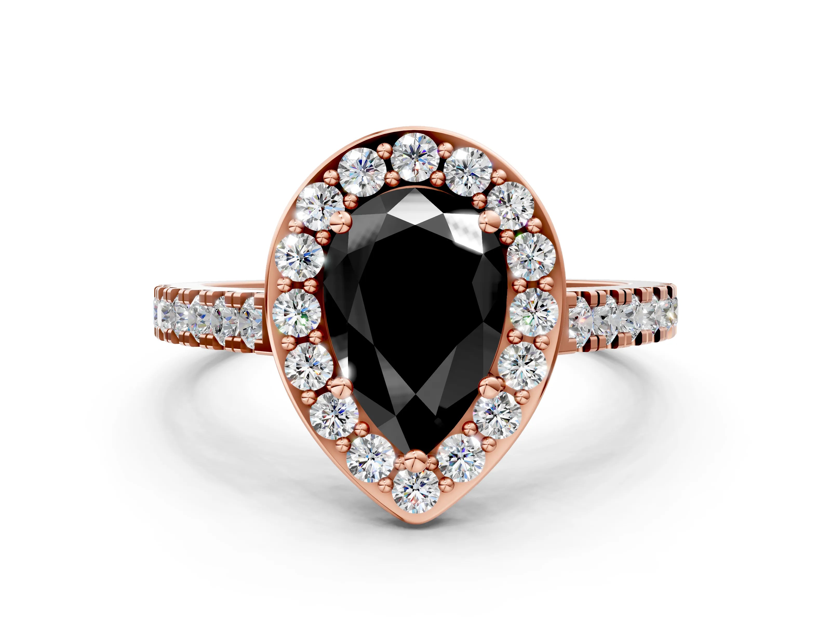 Rose gold Fancy Black Pear Cut Halo Diamond Ring with Pavé Band and Three-Prong Setting