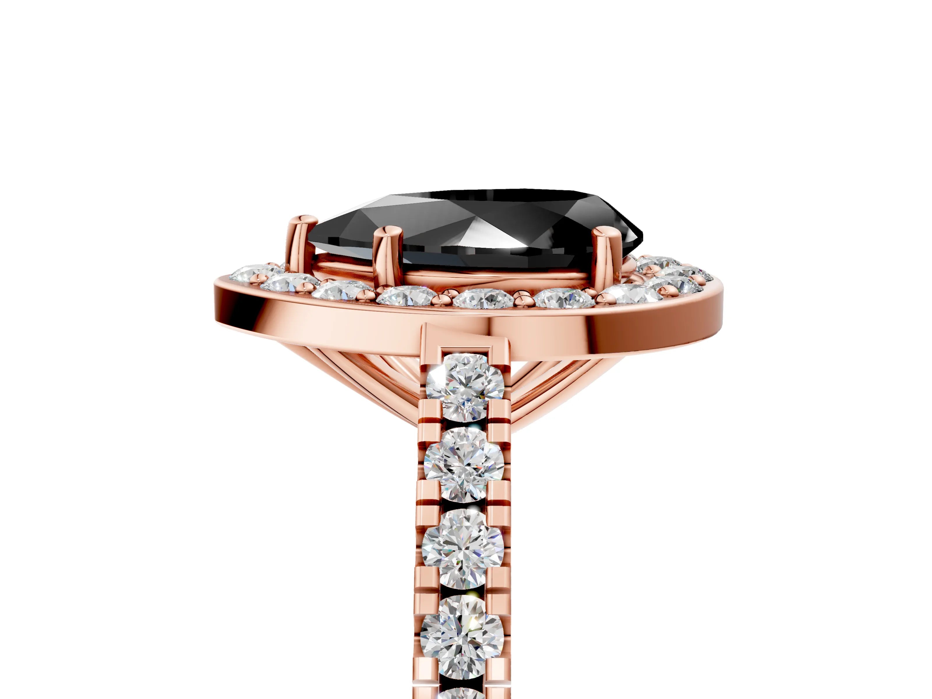 Rose gold Fancy Black Pear Cut Halo Diamond Ring with Pavé Band and Three-Prong Setting_5