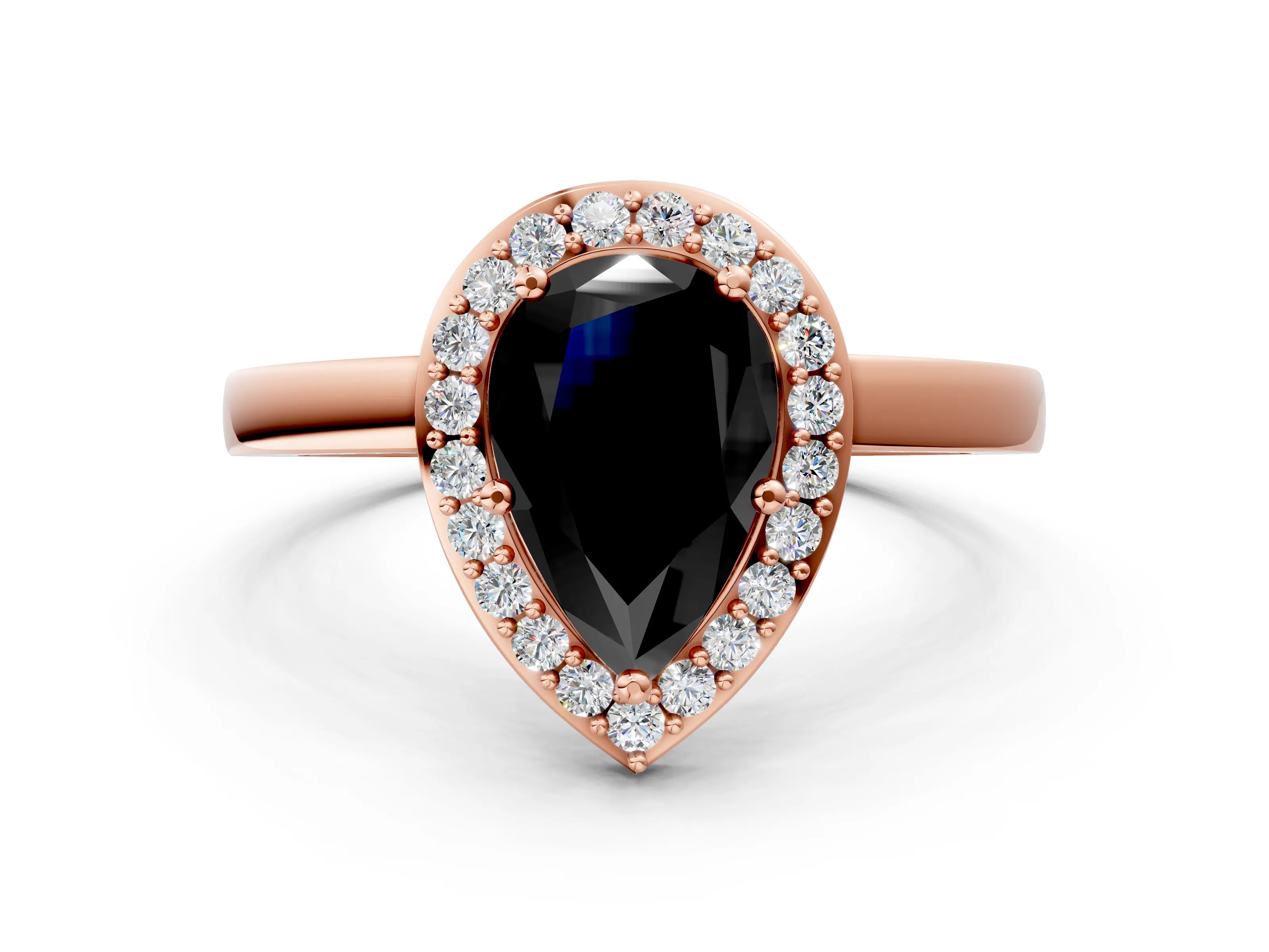Rose gold Fancy Black Pear Cut Halo Diamond Ring with Solitaire Band and Prong Setting