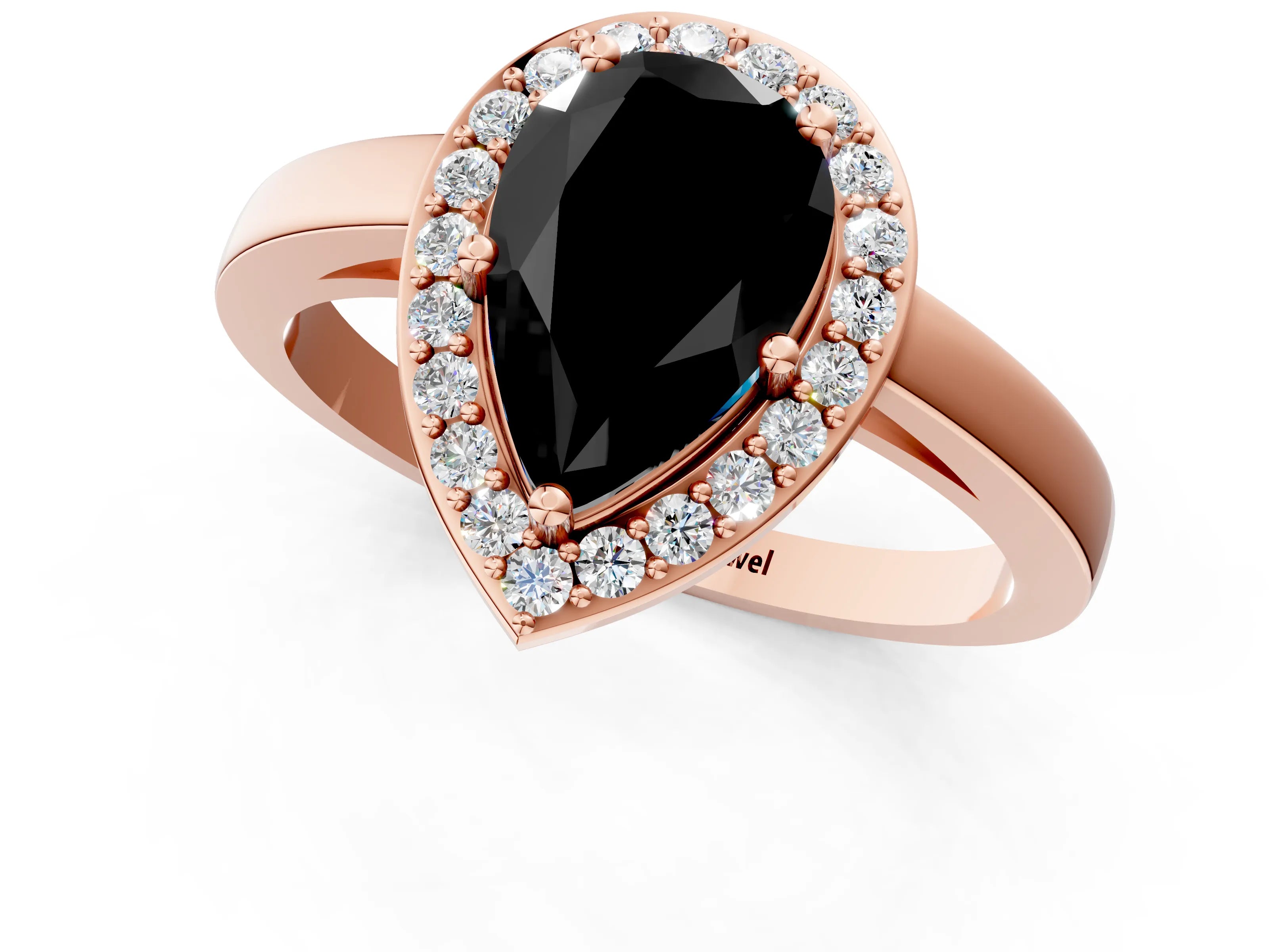 Rose gold Fancy Black Pear Cut Halo Diamond Ring with Solitaire Band and Prong Setting_1