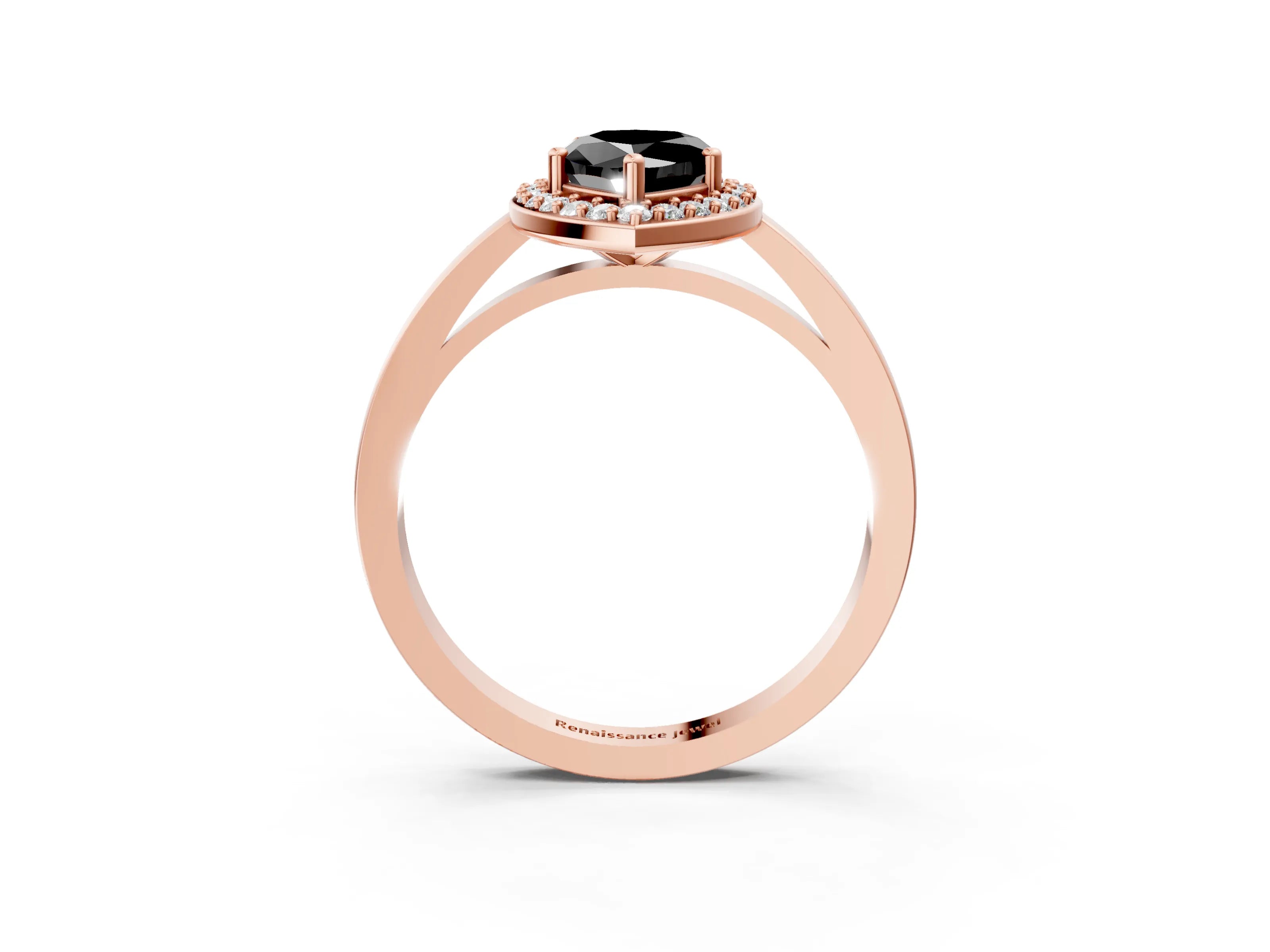 Rose gold Fancy Black Pear Cut Halo Diamond Ring with Solitaire Band and Prong Setting_3