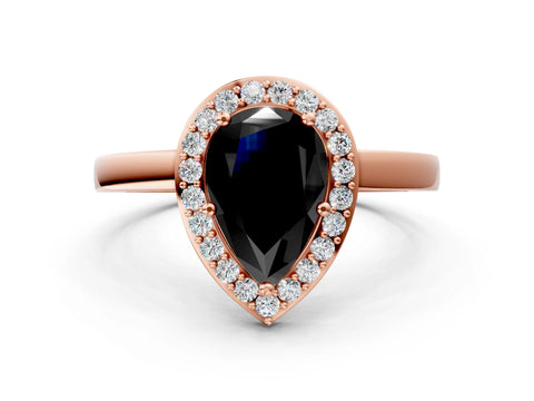 Rose gold Fancy Black Pear Cut Halo Diamond Ring with Solitaire Band and Prong Setting