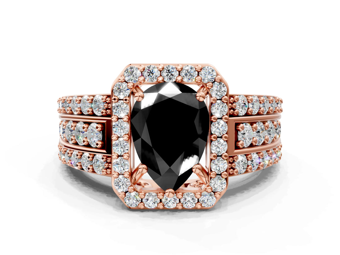 Rose gold Fancy Black Pear Cut Halo Diamond Ring with Split Shank and Four-Prong Setting