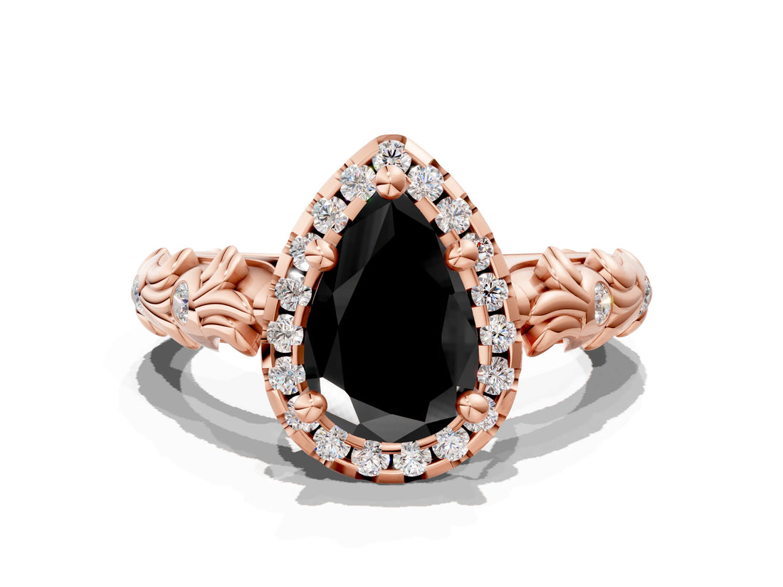Rose gold Fancy Black Pear Cut Halo Diamond Solitaire with Filigree Band and Four-Prong Setting