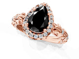 Rose gold Fancy Black Pear Cut Halo Diamond Solitaire with Filigree Band and Four-Prong Setting_1