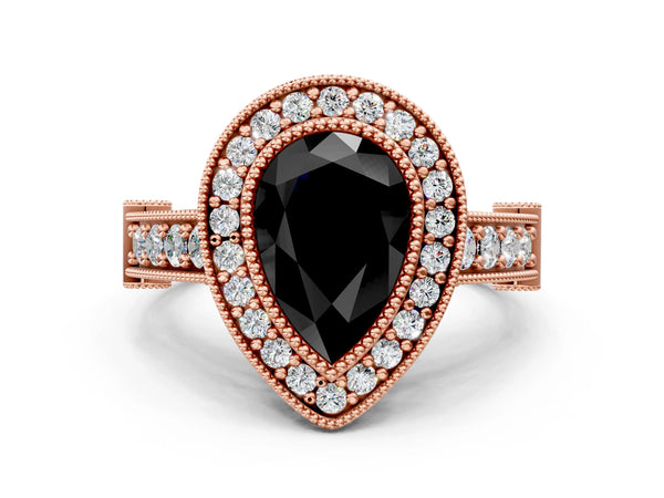 Rose Gold Pear-Shaped Vintage Bezel Halo Engagement Ring Setting for Black Center