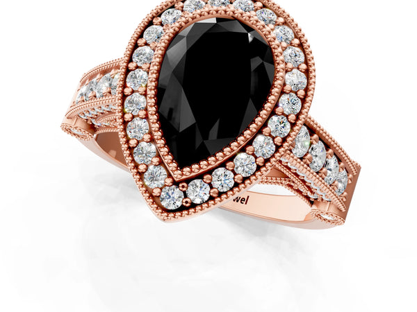 Rose Gold Pear-Shaped Vintage Bezel Halo Engagement Ring Setting for Black Center