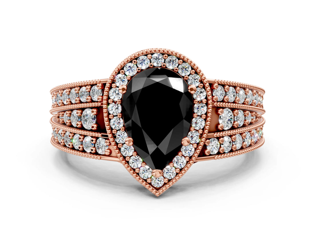 Rose gold Fancy Black Pear Cut Halo Diamond Split Shank Ring with Prong Setting