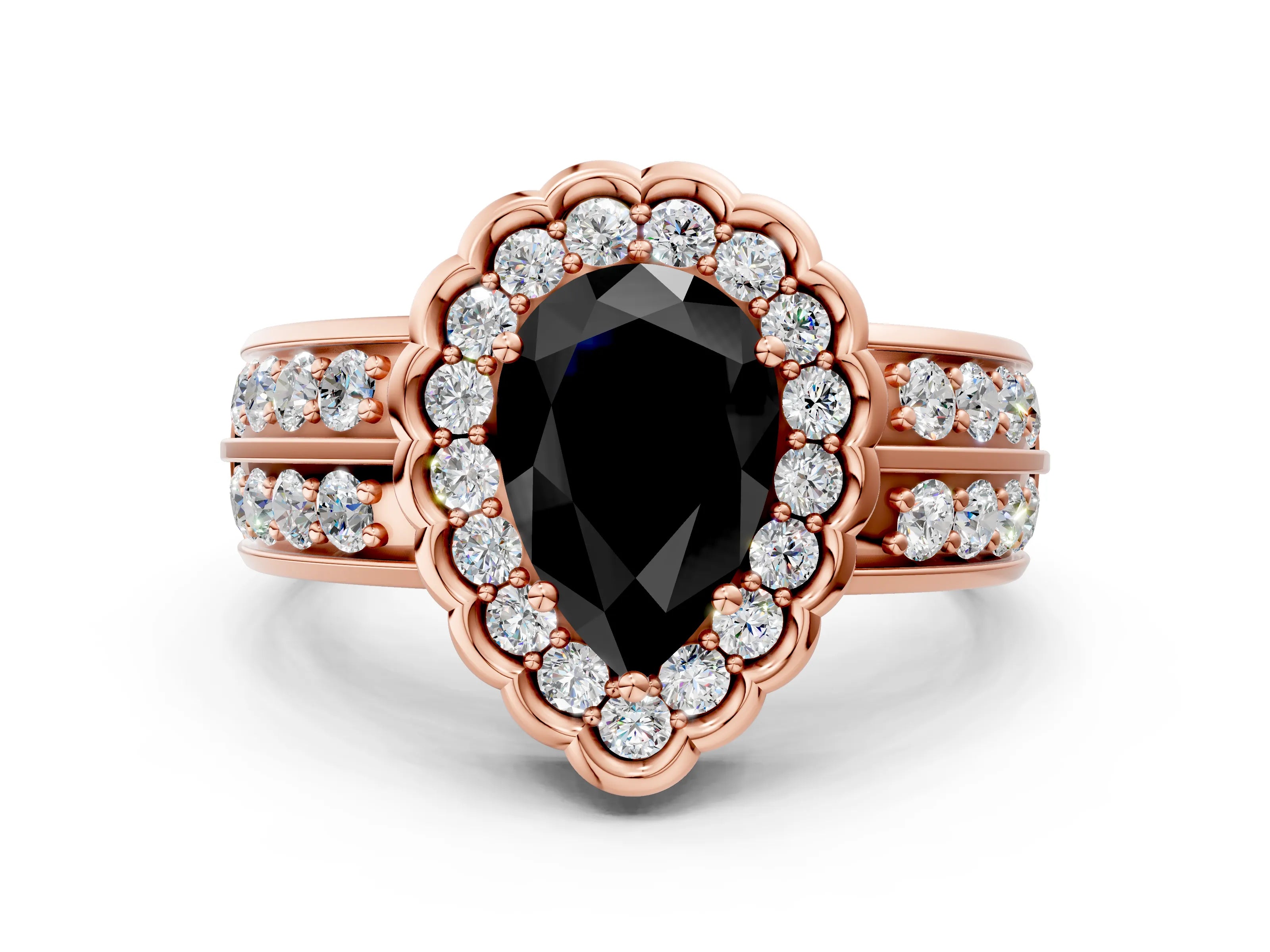 Rose gold Fancy Black Pear Cut Halo Diamond Split Shank Ring with Scalloped Prong Setting