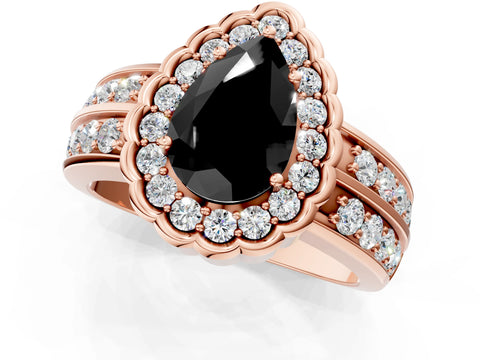 Rose gold Fancy Black Pear Cut Halo Diamond Split Shank Ring with Scalloped Prong Setting_1