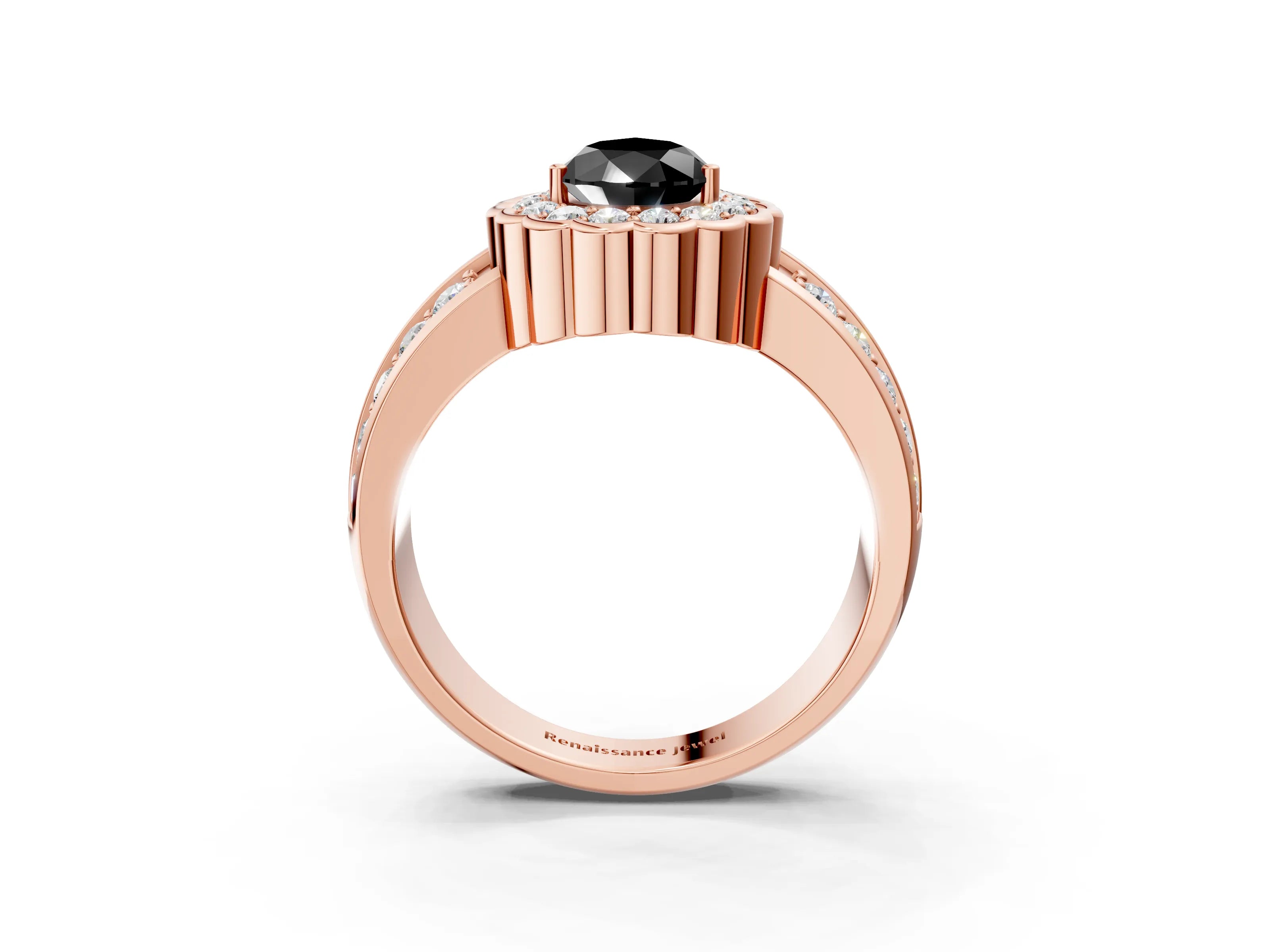 Rose gold Fancy Black Pear Cut Halo Diamond Split Shank Ring with Scalloped Prong Setting_3