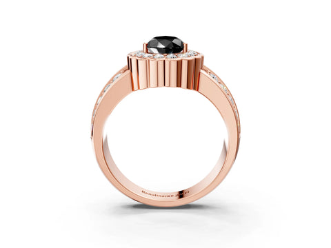Rose gold Fancy Black Pear Cut Halo Diamond Split Shank Ring with Scalloped Prong Setting_3