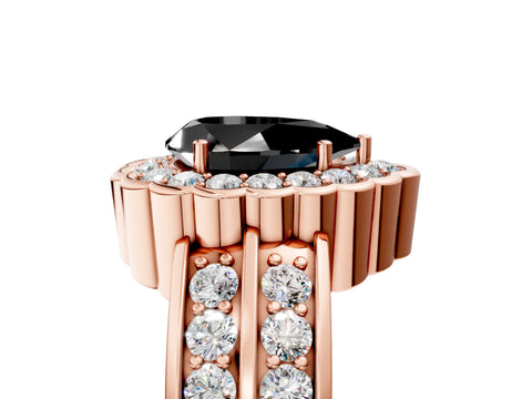 Rose gold Fancy Black Pear Cut Halo Diamond Split Shank Ring with Scalloped Prong Setting_5