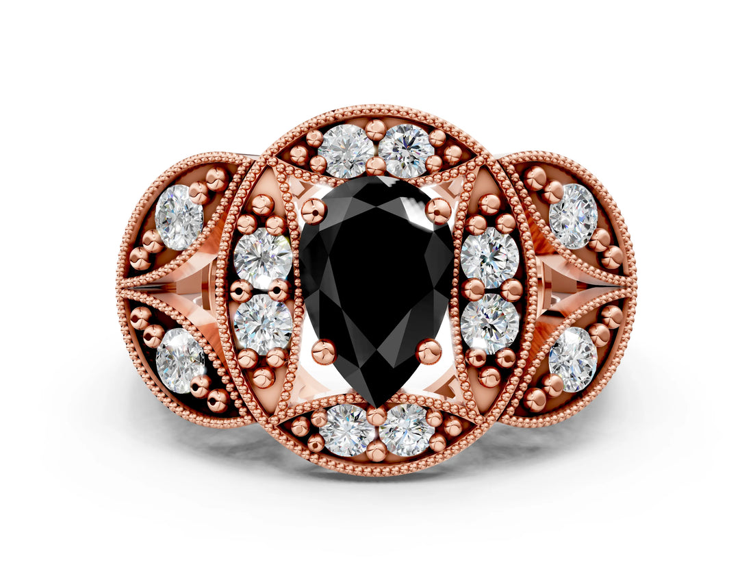 Rose gold Fancy Black Pear Cut Halo Milgrain Diamond Engagement Ring with Leaf Band and Four-Prong Setting
