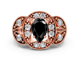 Rose gold Fancy Black Pear Cut Halo Milgrain Diamond Engagement Ring with Leaf Band and Four-Prong Setting