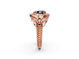 Rose gold Fancy Black Pear Cut Halo Milgrain Diamond Engagement Ring with Leaf Band and Four-Prong Setting_2
