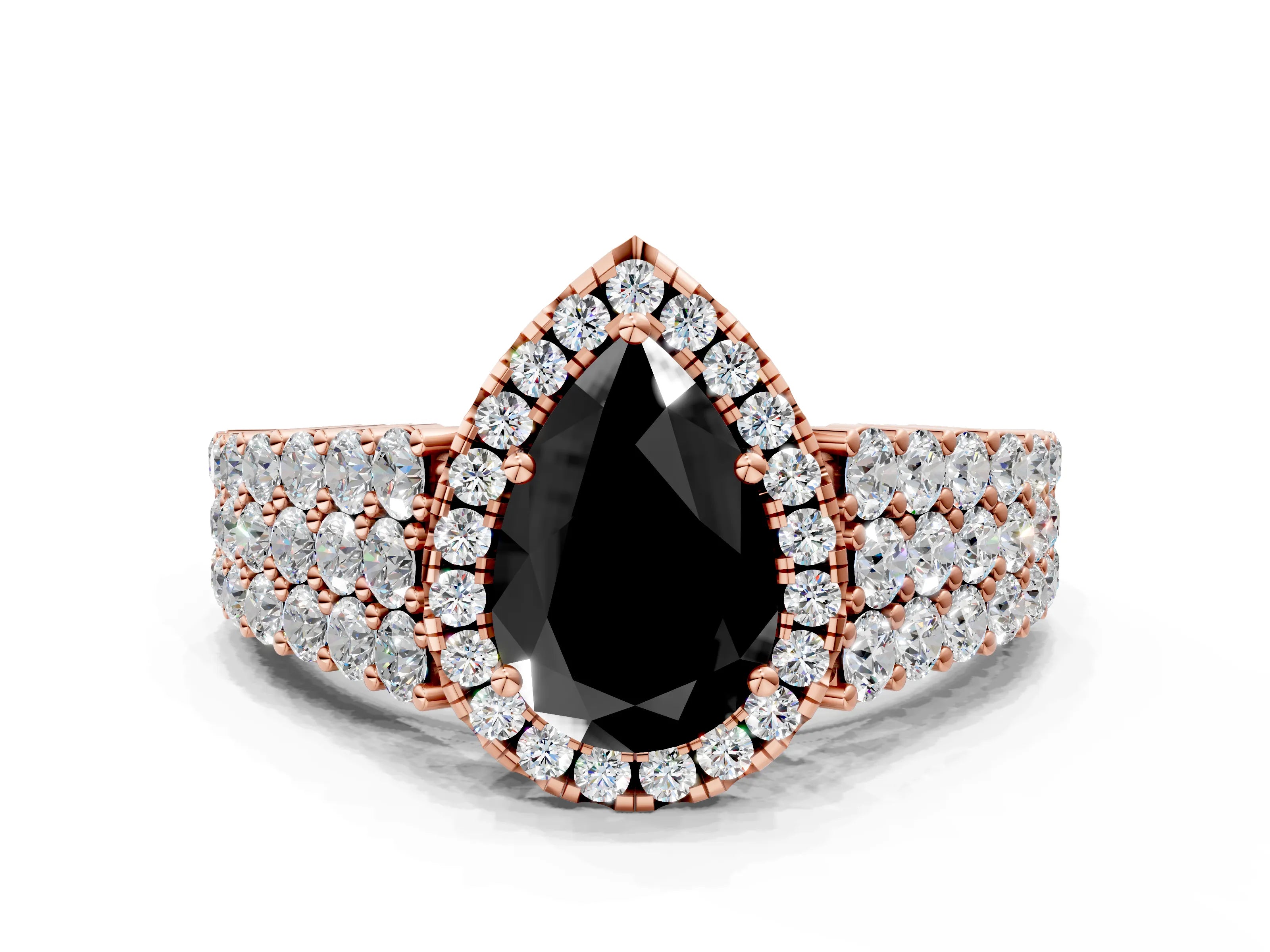 Rose gold Fancy Black Pear Cut Halo Pavé Diamond Engagement Ring with Split Shank and Four-Prong Setting_3