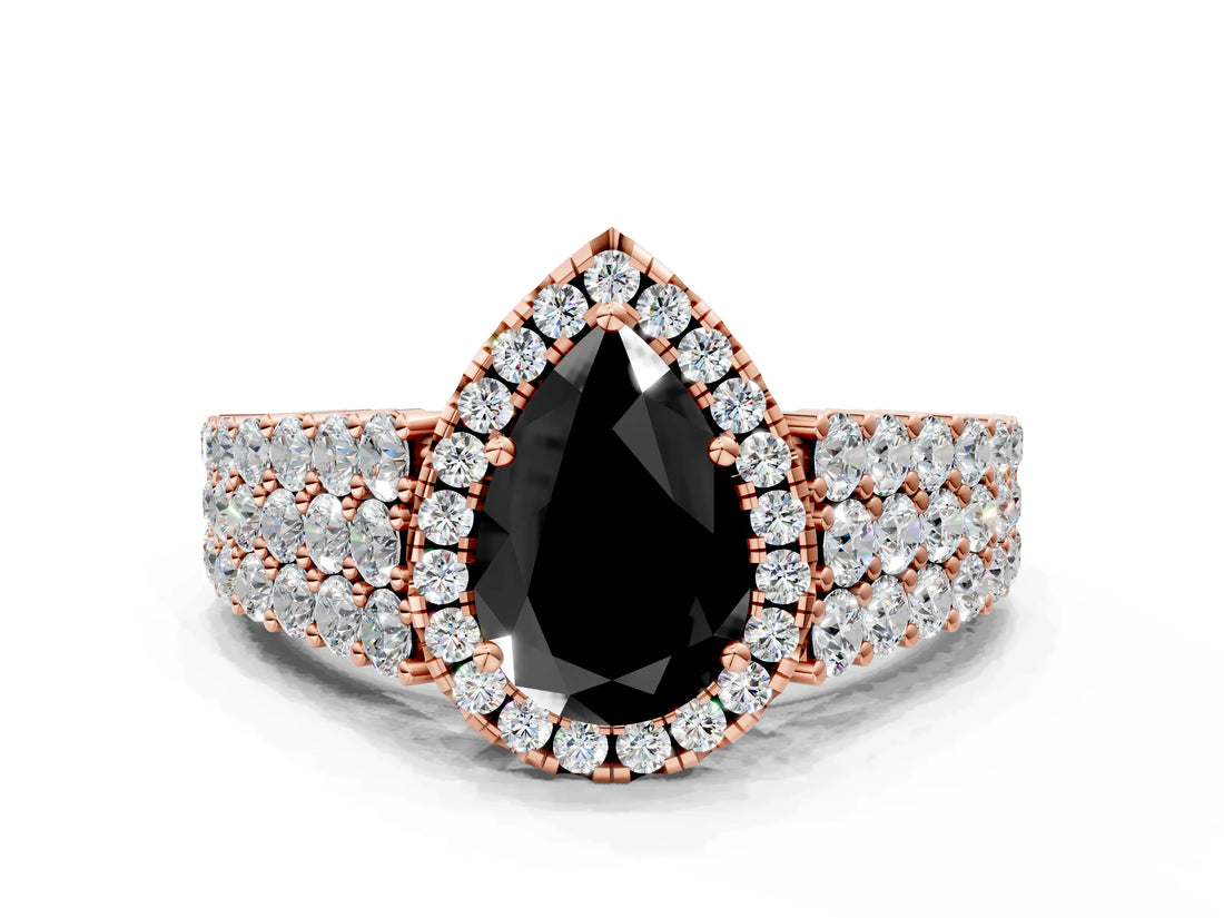 Rose gold Fancy Black Pear Cut Halo Pavé Diamond Engagement Ring with Split Shank and Four-Prong Setting_3