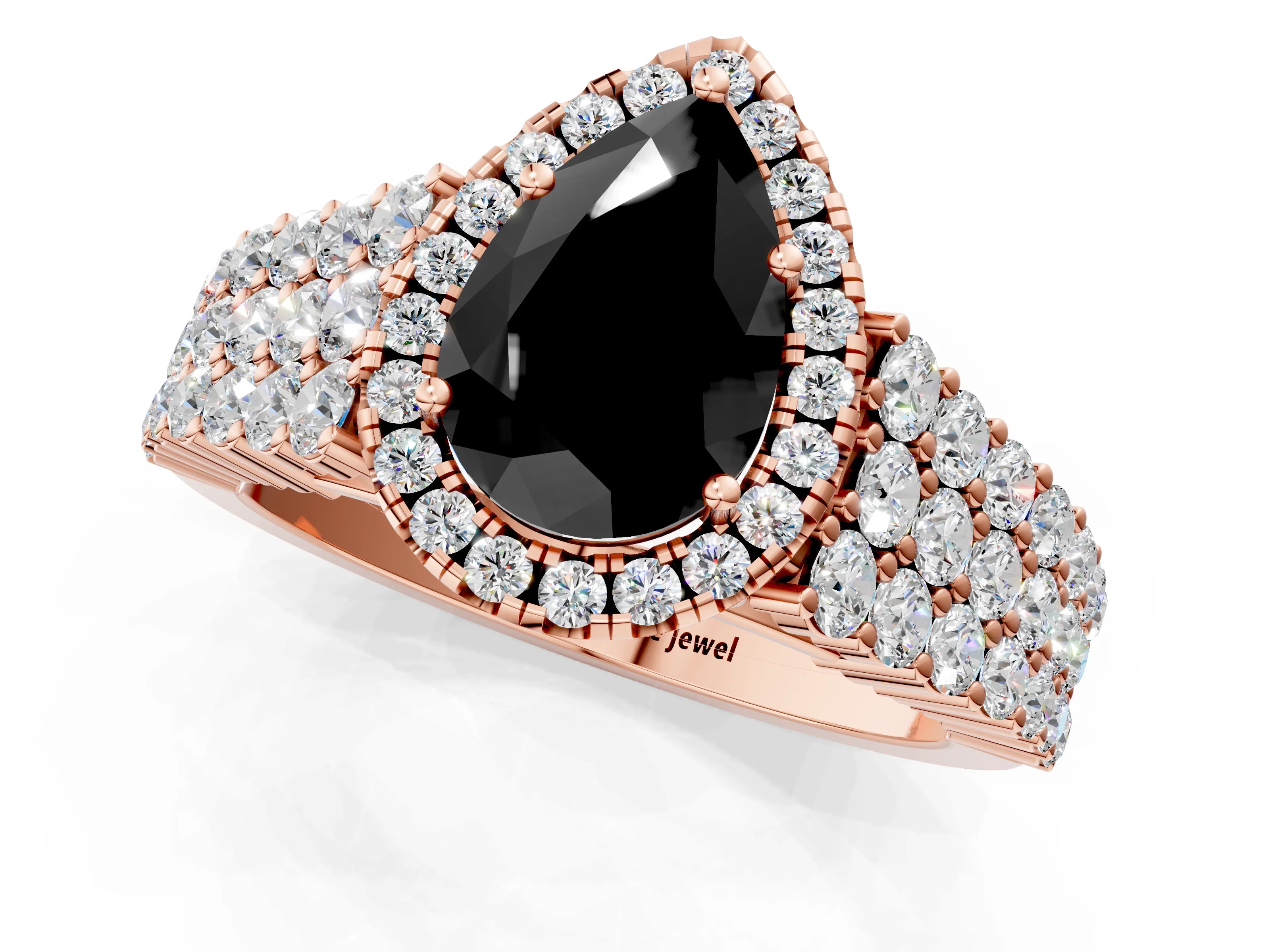 Rose gold Fancy Black Pear Cut Halo Pavé Diamond Engagement Ring with Split Shank and Four-Prong Setting_4