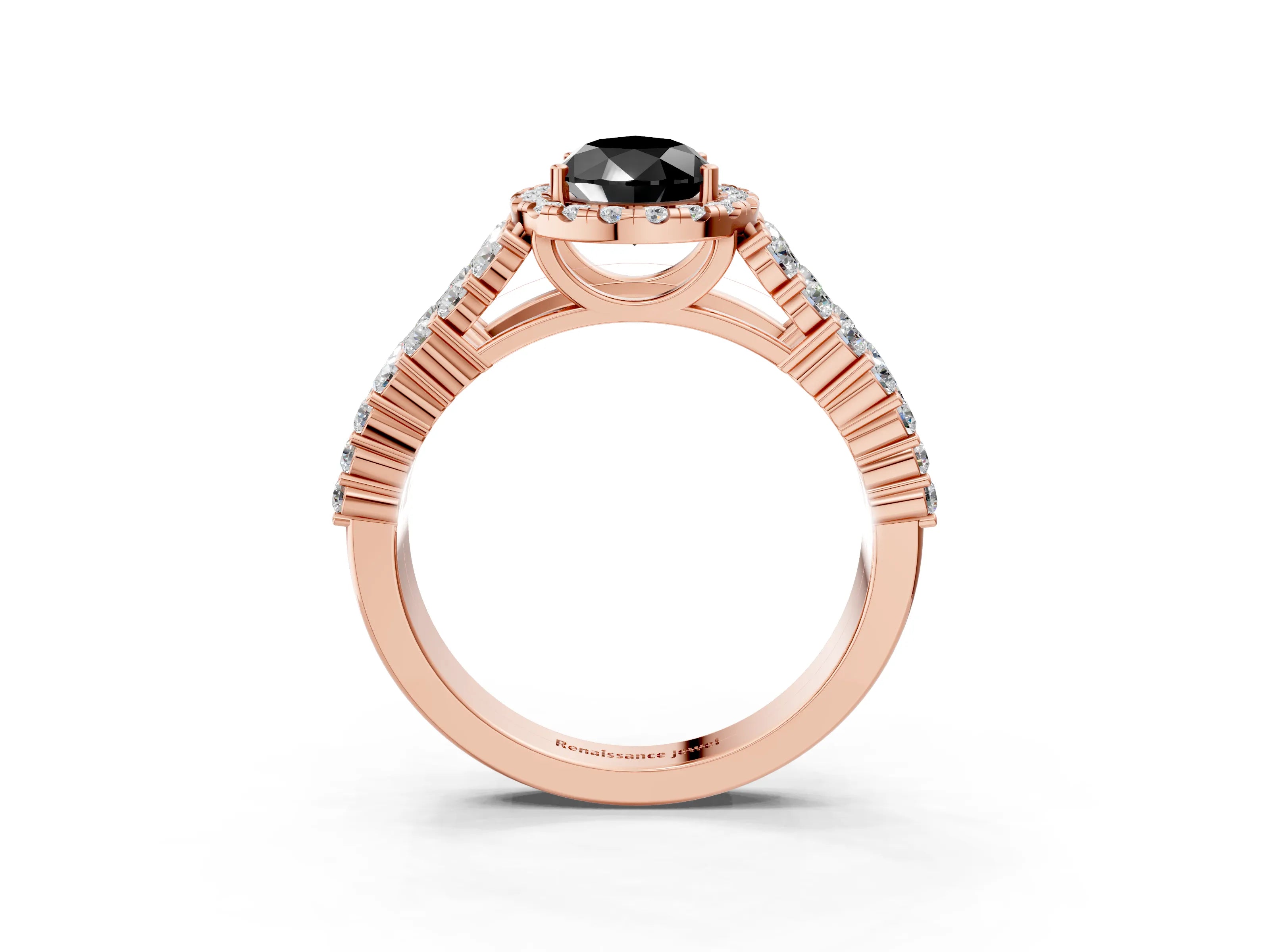 Rose gold Fancy Black Pear Cut Halo Pavé Diamond Engagement Ring with Split Shank and Four-Prong Setting_6