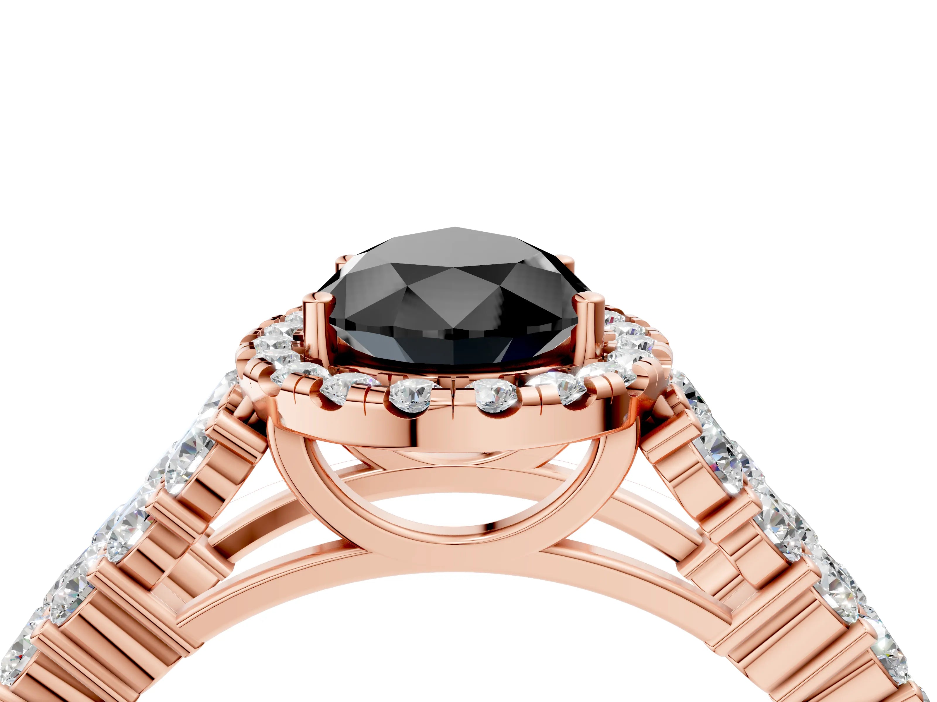 Rose gold Fancy Black Pear Cut Halo Pavé Diamond Engagement Ring with Split Shank and Four-Prong Setting_7